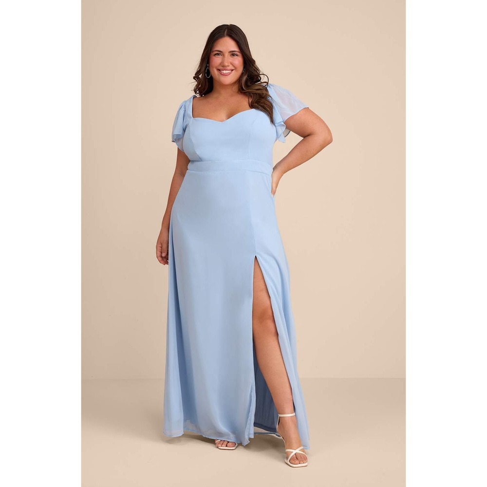 Lulus Reinette Light Blue Chiffon Flutter Sleeve Maxi Dress 2X Bridesmaid Gown